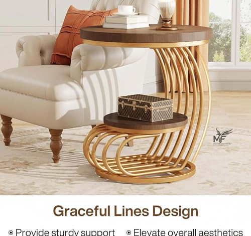 Image of MELVON End Table /Side Table with Walnut Engineered Wood Top & Golden Metal Frame, 2 Tier Storage for Living Room, Bedroom, Bedside & Balcony | Golden & Walnut