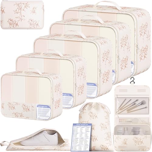 Image of BAGAIL 9 Set Packing Cubes with Packing List Luggage Packing Organizers for Travel Accessories (Pink floral)