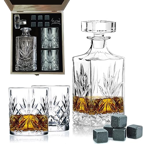 Flow Barware Coffret cadeau carafe à whisky et verres | Carafe à whisky 750 ml, lot de 2 verres à whisky | Pierres à whisky et boîte en bois | Coffret...