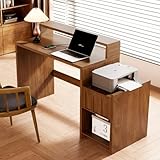60 Inch Executive Desk with Drawer, Farmhouse Home Office Desk with Printer Shelf, Mid Century Modern Walnut Computer Desk Work Table, Monitor Shelf, Charging Station, for Study, Living Room, Brown