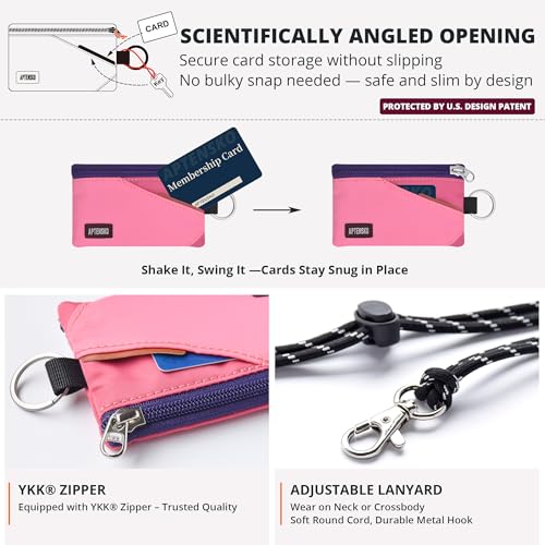 Image of RFID Blocking Travel Wallet with Adjustable Lanyard, Small Nylon Zipper Pouch and Badge Holder for ID, Credit Cards, Cash, Keys, Commuters (Pink+RosePink)
