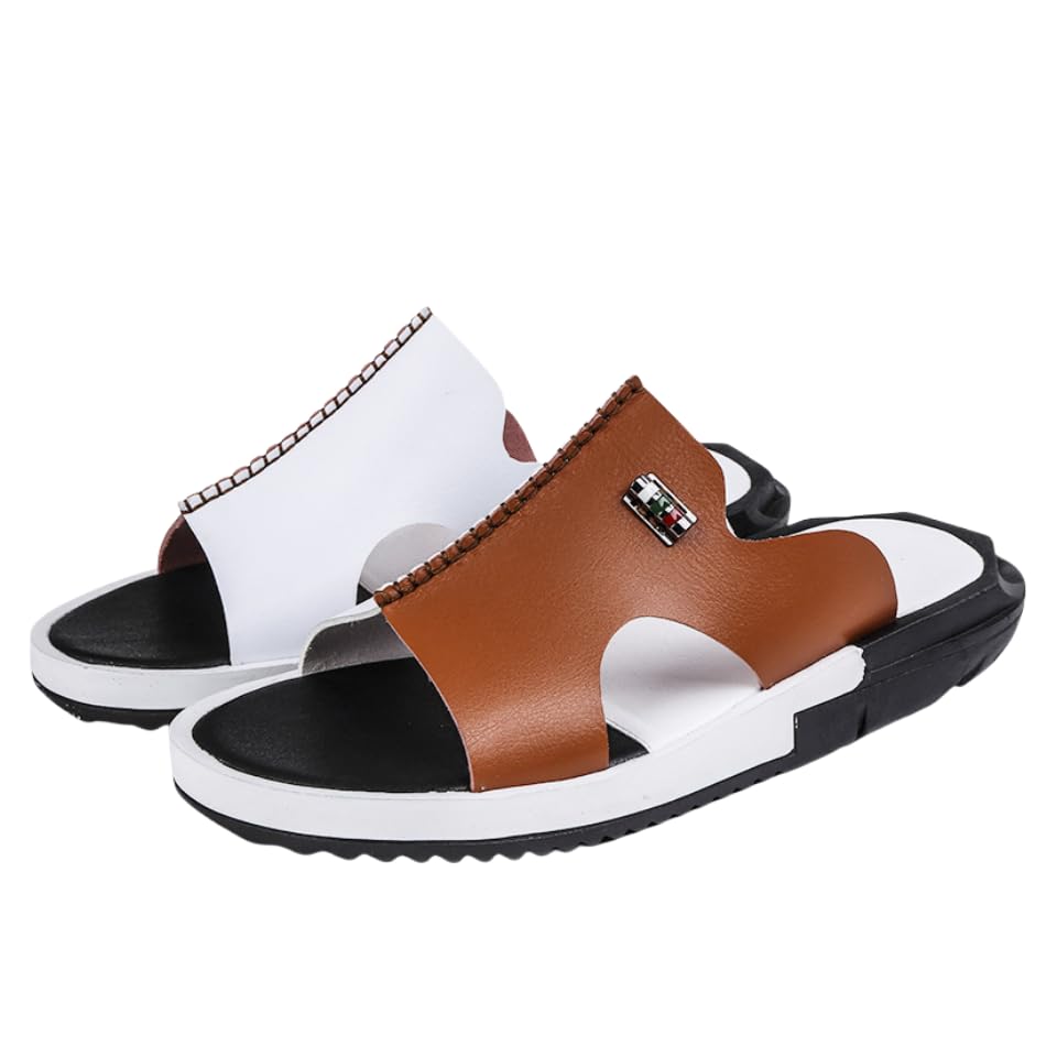 Men's Block Color Stitched Casual Slides with Microfiber Leather Uppers, Casual Non Slip Open Toe Beach Shoes for Indoor Outdoor Walking, Spring and Summer