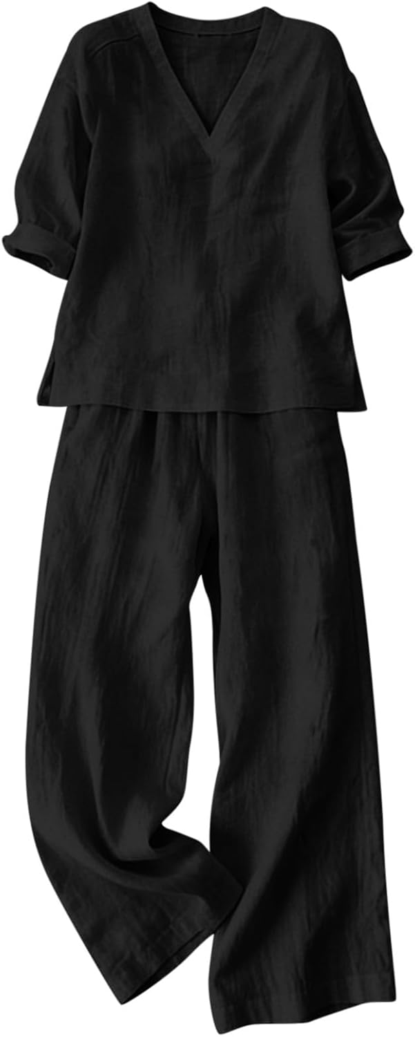 Linen Sets for Women 2 Piece 2026 Summer Casual Lounge Sets V Neck Long Sleeve Shirts and Wide Leg Pants Beach Outfits