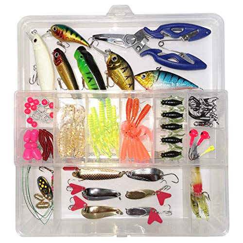 WDG Fishing Lures Set,Fishing Lure,Fishing Bait for Trout,Bass,Salmon Including Lures Hook,Plastic Worms,CrankBait,Topwater Lures with Fishing Pliers Scissors 85PCS