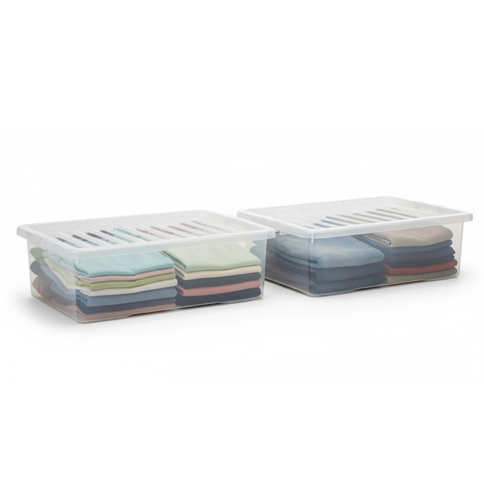 SIDSONS - 2x 32L Clear Plastic Underbed Storage Box with Lid - Space-Saving Nestable & Stackable Multi-Purpose Storage Boxes - Transparent Duvets & Clothes Organizer - Flat Storage Box with Clear Lid