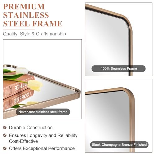 Image of ANDY STAR Large 30x40'' Brushed Champagne Bronze Bathroom Vanity Mirror, Rounded Rectangle Mirrors for Bathroom, Elegant Oblong Mirrors for Over Sinks in 1'' Rustproof Tube Metal Framed Wall Mounted