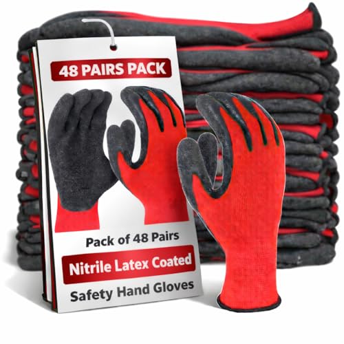 Image of Safety Gloves - Nylon Nitrile Coated Industrial & Home Cut Resistant Hand Gloves. (Black Red (Latex Coated), Pack of 48 Pairs)