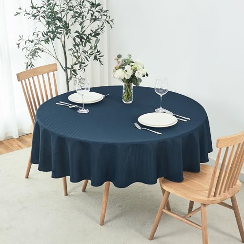 Image of maxmill Round Weaved Texture Design Tablecloth Spill-Proof Wrinkle Free Soft Washable Table Cloth for Circular Table Cover, for Dining Room Buffet Banquet Parties Holiday Dinner, 70 Inch Navy Blue