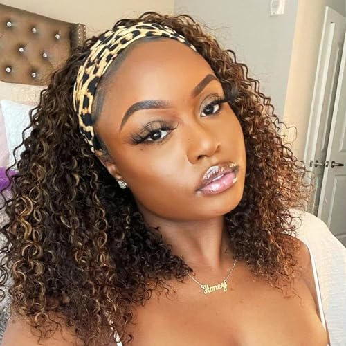 Image of Headband Wig Human Hair Kinky Curly for Black Women 12 Inch Ombre Highlight | Deep Curly Human Hair Wigs None Lace Front Wig,Brazilian Virgin Hair,Glueless Wear Go Beginner Friendly,Quick Install