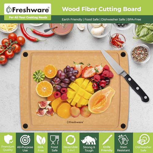 Image of Freshware Wood Cutting Board for Kitchen, Juice Groove, Non-Slip Silicone Feet, Dishwasher Safe, 2X Large, 20 inch x 14 inch, Natural