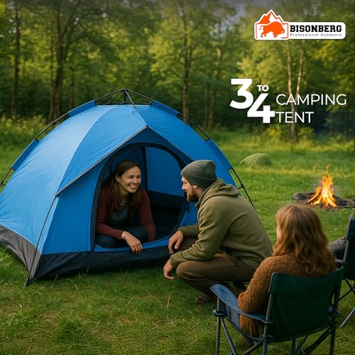 Image of Bisonberg Quick Pop-up Camping Tent, 4 Person, Green, Glass Fiber Poles, Waterproof with PU Coating, Portable and Foldable