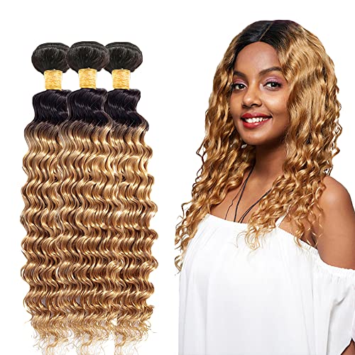 ZhengPu 26 28 30 Inch Ombre Deep Wave Bundles 1b/27 Human Hair Bundles Honey Blonde 2 Tone 10A Unprocessed Brazilian Wet and Wavy Bundles Deep Curly Human Hair Bundles No Tangle&No Shedding