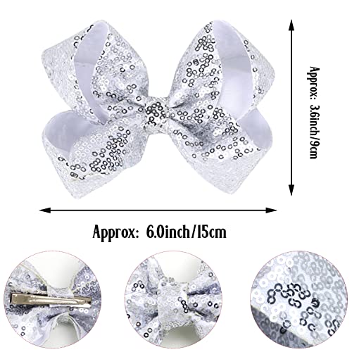 2 Pcs 6 Inches Sequins Large Bows Alligator Hair Clip Hair Barrettes Accessories For Women Teens Girls Kids (Silver) #TOP1