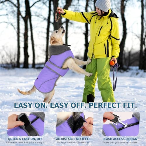 Image of Dogcheer Dog Coat, Waterproof Dog Jacket Reflective Pet Winter Coat with Adjustable Hook & Loop, Christmas Puppy Fleece Jacket Warm Turtleneck Snowsuit for Small Medium Large Dogs - Taro Purple, 2XL