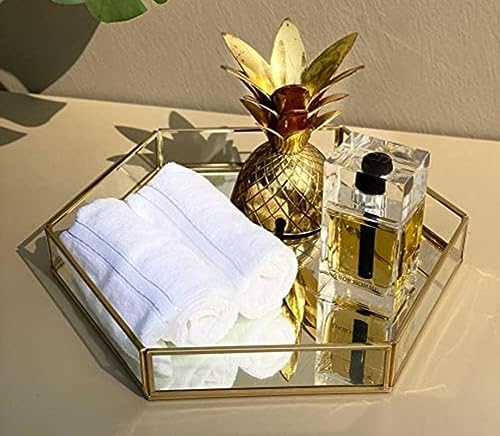 spaziomaker Collections Vintage Glass Jewelry Tray, Hexagonal Tray Home Table Decoration, Makeup Organizer, Vanity Tray - Brass Gold 8x9x1.5