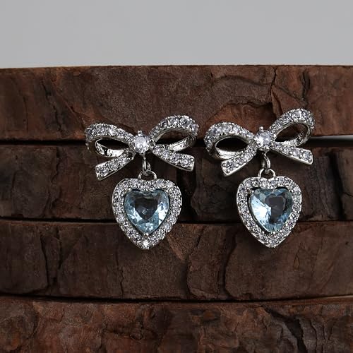 JeanBeau Bow Heart Dangle Drop Earrings for Women Valentines Rhinestone Ribbon Crystal CZ Love Hearts Earing Dangling Holiday Prom Fashion Jewelry Gift4