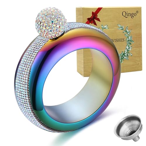 Image of Flask Bracelet Bangle Flask Creative Stainless 304 Steeland Hip Flask Funnel Set For Women 3.5 oz (Rainbow Rhinestones Lid)