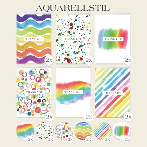 BIROYAL 12 Thank You Cards, Watercolour Design, Thank You Cards Multipack with Envelopes, Greeting Cards for Wedding Kids - Image 2