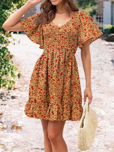 Image of UEAL Womens Cute Floral Smocked V Neck Flutter Sleeve Sundress with Pockets Casual Spring Summer Dresses for Women 2026