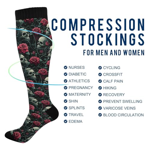 ALAZA Skeleton Red Rose Skull Blossom Compression Socks for Women Men Circulation Long Socks Running Athletic Cycling 1 pair4