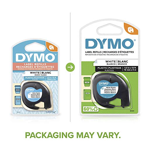 DYMO LT Plastic Labels for LetraTag Label Makers, Black Print, White Label Maker Tape, 1/2" x 13-Foot Roll (12 mm x 4 m) of Labelling Tape image 1