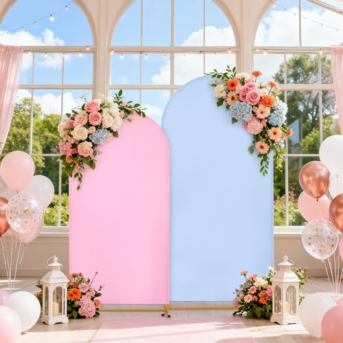 Image of Arch Backdrop Cover Set of 2(6ft /7.2ft) Double Color Wedding Arch Cover Spandex Fitted Arch Covers,Round Top Arch Backdrop Cover for Baby Shower Gender Reveal Boy or Girl Decoration (Pink&Purple)