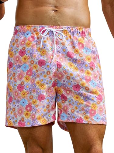 Verdusa Men's Floral Print Drawstring Waist Swim Trunks Beach Shorts Pink Blue Medium