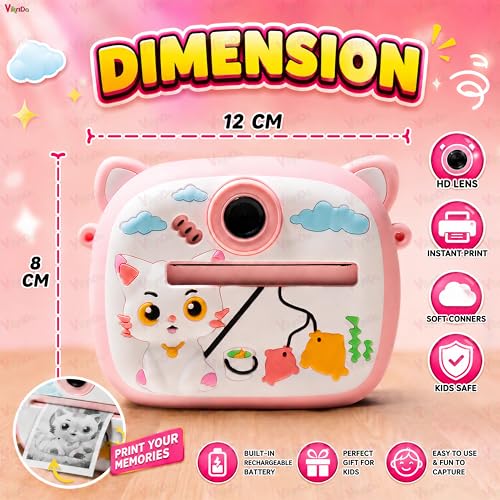Image of VikriDA Instant Print Camera for Kids | 1080P HD Digital Camera with Video Recording, Built-in Printer, Fun Filters & Stickers - Dino-Themed Instant Digital Camera