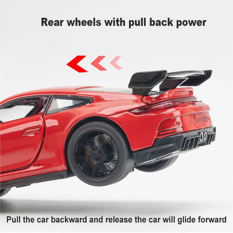 Image of 1:32 Porsche 911 GT3 Sport Car Model - Diecast Alloy Toy Vehicle with Pull Back Action, Sound, Light & Openable Doors, Hood & Trunk for Kids and Collectors (RED)