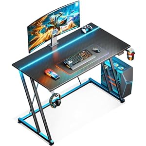 MOTPK 39 Inch Small Gaming Desk with LED Lights & Power Outlet, Computer Desk for Small Space, Gaming Table with Carbon Fiber Texture, Kids Desk Gift for Boys Men, Black