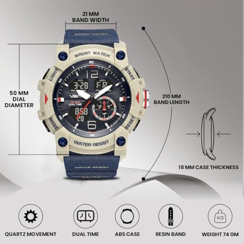 Image of V2A Stryke 50mm Analog Digital Watch for Men | Rugged Guard Bezel Design | Alarm Stopwatch Backlight | TPU Sport Strap | 50M Water Resistant Outdoor Watch | Gift for Mens