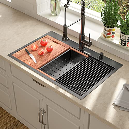 33 Matte Black Double Bowl Kitchen Sink Drop In - Lordear 33"X22" Kitchen Sink Double Bowl 50/50 Low Divide Ledge Workstation Matte Black Stainless Steel 16 Gauge Topmount Double Basin Kitchen Sink #TOP1