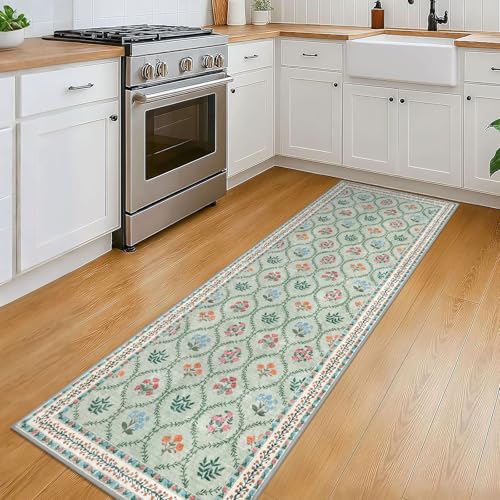 KILOCOCO 2x6 Runner Rug, Moroccan Super Soft Washable Hallway Entryway Runner Rug, Accent Print Faux Wool Kitchen Runner Rug 6 Feet Non-Slip Boho Rug Runner for Laundry Room Bedroom, Green