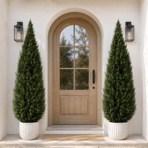 Image of Artificial Cedar Topiary Trees, 7 FT UV Resistant Faux Boxwood Plants,Front Porch Decorations Outdoor,Realistic Evergreen Cypress for Patio Decor Set of 2