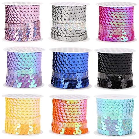 9 Rolls 4.5 m Sequin Paillette Trim String, 6mm Flat Sequin Trim, Plastic Paillette Beads Sequin Roll PVC Spangles for Jewellery Making, Ribbon Making, Costumes, Sewing and Embellishments Cover