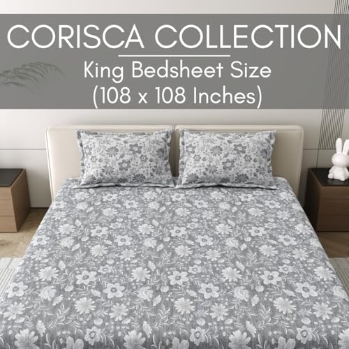 Image of Mafatlal 186 Tc Corsica Cotton Bedsheet King Size | 274 X 274 Cm | Modern Kidakka Virippu for Summer Nights | Pure Cotton Bedding for Comfortable Sleep | Profile Grey