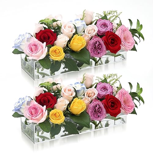 2 Pack Acrylic Flower Vase Rectangular Clear Acrylic Flower Vase 24 Inch Long Floral Centerpiece for Dining Table Decor Clear Vases with 12 Holes Modern Flower vase for Home/Wedding/Party