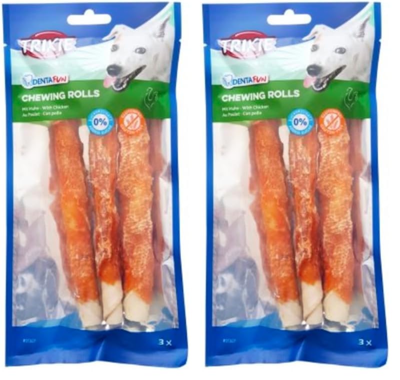 TRIXIE glutenfreie Hühnchen Kaurollen Denta Fun Chicken Chewing Rolls, 17 cm, 3 St./140 g - 31327 (Packung mit 2)