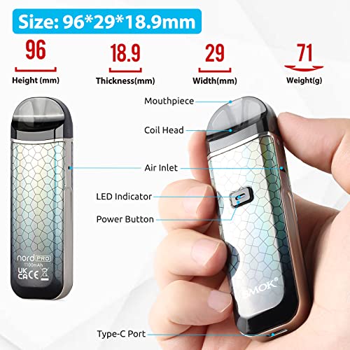 SMOK-Nord-Pro-1100mAh-25W-E-Cigarettes-Vape-Starter-Kit-2ml-Refillable-Pod-Two-Air-Inlet-Vaping-MTL-09ohm-and-DL-06ohm-Meshed-Coils-USB-Type-C-Fast-Charging-Ecig-No-Nicotine-Silver-Black-Armor