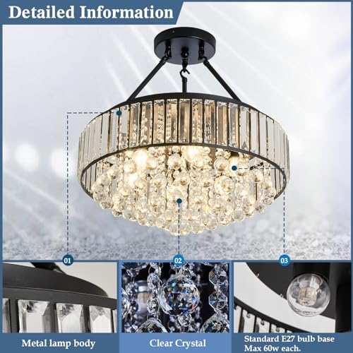 EOPSPYI 6-Lights Modern Crystal Chandelier Black Metal Semi Flush Mount Ceiling Light Fitting Round Ceiling Light for Dining Room Living Room Bedroom Bathroom Kitchen - Cosy Home Interiors EOPSPYI 6-Lights Modern Crystal Chandelier Black Metal Semi Flush Mount Ceiling Light Fitting Round Ceiling Light for Dining Room Living Room Bedroom Bathroom Kitchen - Image 3