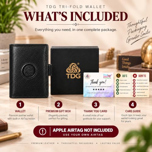 Image of TDG AirTag Pop-Up Leather Wallet for Men (Airtag Not Included) | RFID Smart Trifold 16+ Cards | Top Grain | Gift Ready | Handmade in India (Black)
