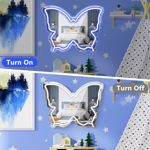 Image of Butterfly Neon Sign Mirror, Neon Sign for Wall Decor, LED Butterfly Light with Dimmable Brightness, 15.7 inch x 12 inch Mirror Neon Sign for Girls Room, Teen Bedroom Decor, Birthday Party Gift, USB Powered Blue
