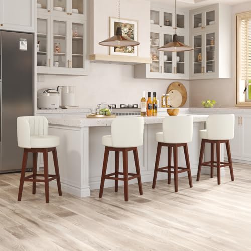 Image of COCO DESIGN Swivel Bar Stools Set of 2, 26 inch Counter Height Mid Century Modern Barstools with Back, Leather Upholstered Seat and Solid Wood Legs, for Bar Kitchen Island, Pearl White