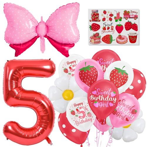 Mosasa 誕生日 飾り付け バルーン 誕生日 5歳 風船セット HappyBirthday バースデー ガーランド バースデーバルーン 数字5 いちご 蝶結び 装飾 お祝い イベント 子ども 男の子 女の子 赤 レッド 誕生日飾り 子供バースデーデコレ