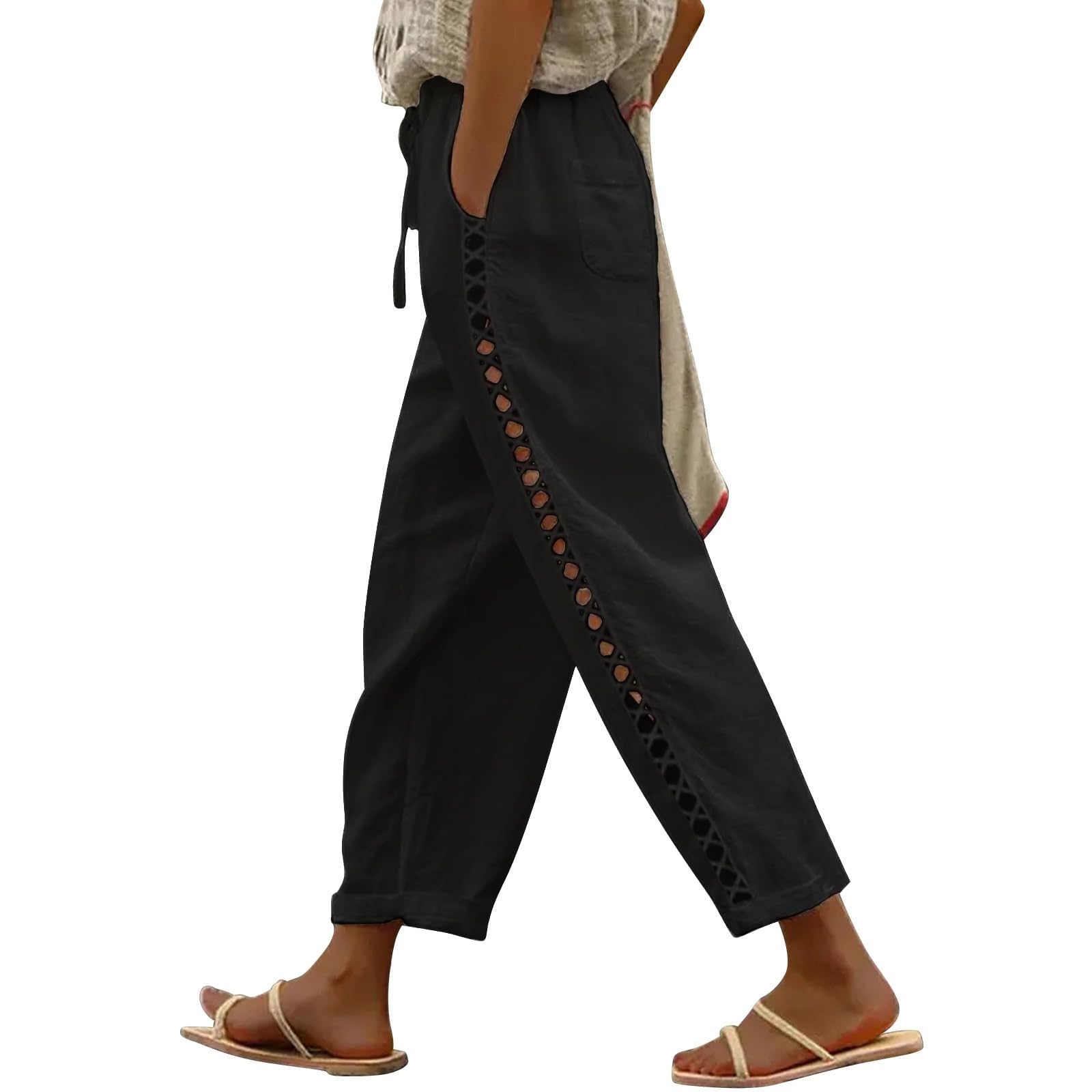 BTFONIA Women's Linen Capri Pants with Drawstring Petite Summer Beachwear Lightweight Elastic Waist Pants(Black,XXL)