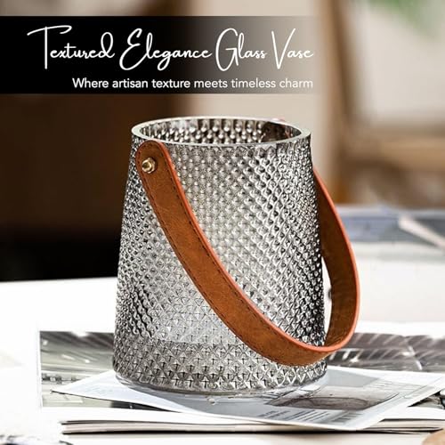 Image of Nostrae by Ekhasa Glass Vase Flower Pot with Leather Handle for Home Decoration | Center Table Decorative Items | Thickened Transparent Glass Vases for Flowers, Bookshelf, Office Desk & Premium Gift