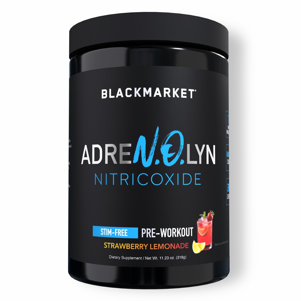 BLACKMARKET AdreNOlyn Stim Free Pre Workout - Caffeine Free Flavored Powdered Drink Mix for Men & Women, Nitric Oxide Booster, Non Stimulant (Strawberry Lemonade, 25 Servings)
