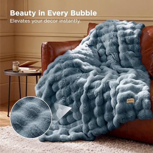 Image of Bedsure GentleSoft Fluffy Fuzzy Greyish Blue Throw Blanket, Soft Cozy Fleece Faux Fur Blanket for Couch, Blue Room Decor Coloring Bed Cover, Thick Warm Plush Birthday Gifts for Women Men Over 60