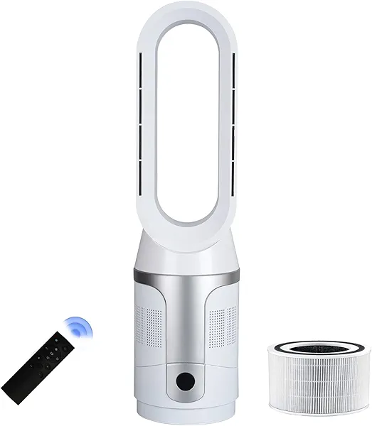Voagupa Bladeless Tower Fan and Air Purifier, True H13 HEPA Filter, 90° Oscillating Bladeless Fan with Remote and Touch control, 9H Timer, Floor Fans for Bedroom Home Office Use, Silver White