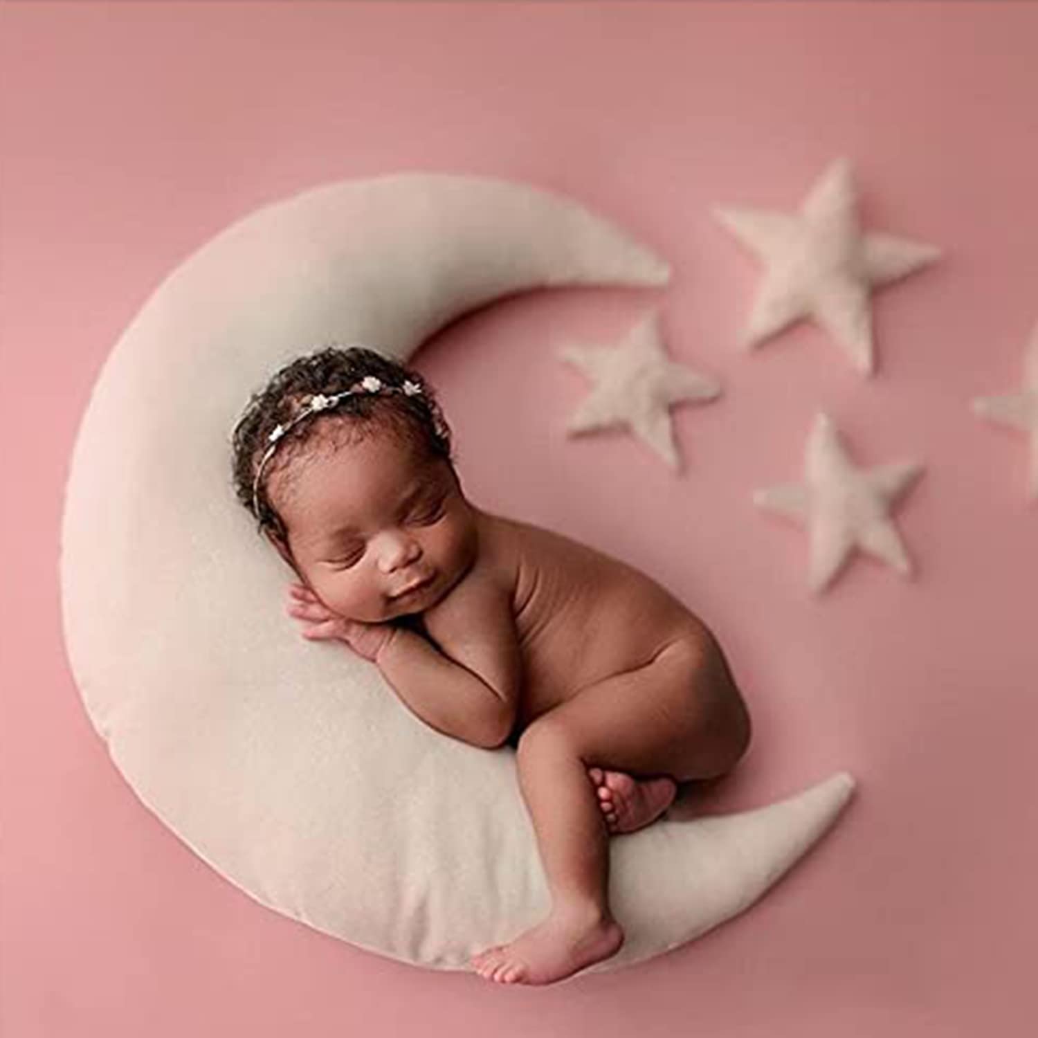 The Purple TreeVelvet Moon And Star Cushion Baby Photo Shoot Prop Accessories (Pack of 1 Moon And 5 Star, White) Cute Props For Babies, Newborn Photography Props